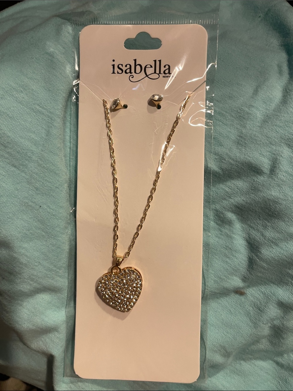 Isabella Gold Heart Pendant Necklace with Pavé Crystals and Post Earrings